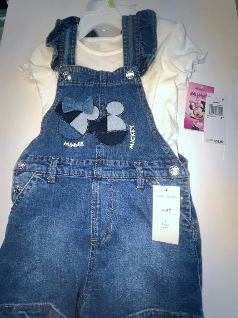 Disney Blue Denim Minnie Mickey Overalls Bodysuit Set